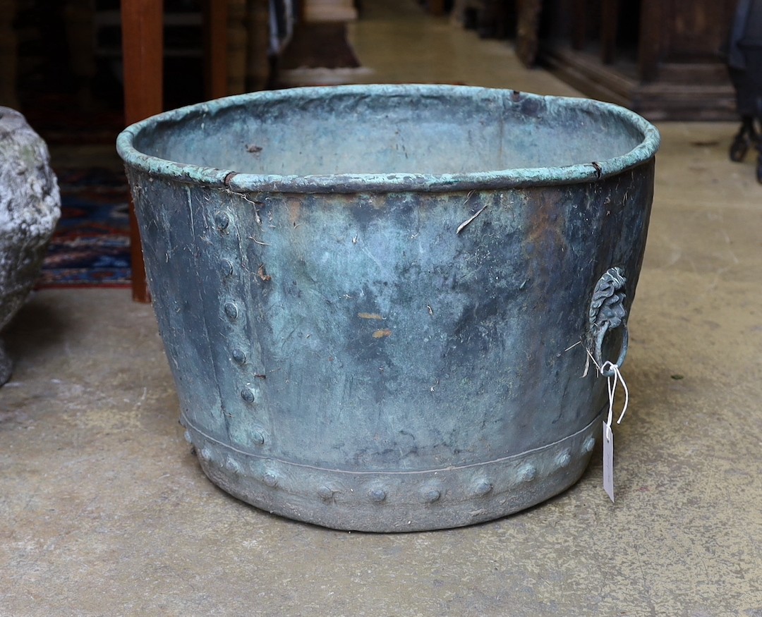 A Victorian copper copper with lion ring mask handles, diameter 52cm, height 36cm